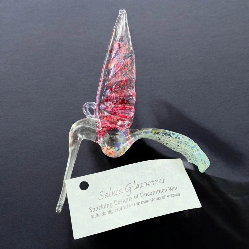 Bandhu Dunham Hand Blown Salusa Glass Christmas Ornament Hummingbird Figure Tag